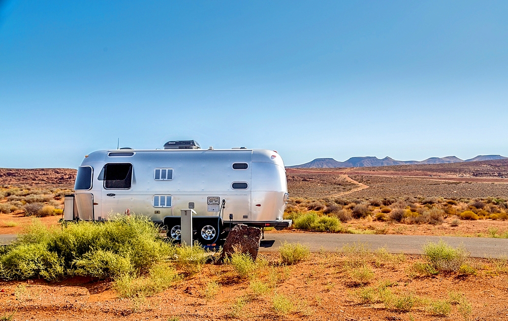 Caravan (Trailer) at the camping area of Sand Hollow State Park, near St George, Utah, USA. Opened in 2003, the Park covers 20,000 acres.