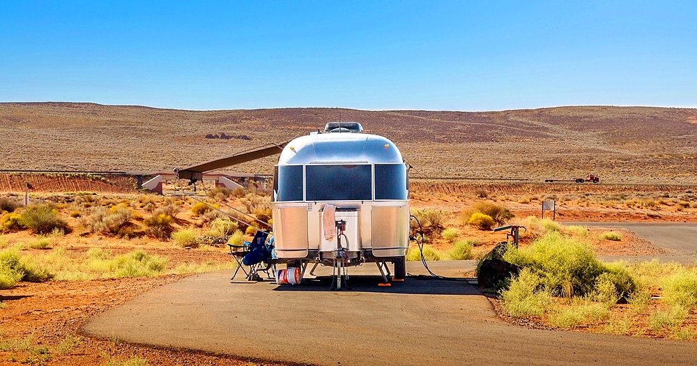 Caravan (Trailer) at the camping area of Sand Hollow State Park, near St George, Utah, USA. Opened in 2003, the Park covers 20,000 acres.