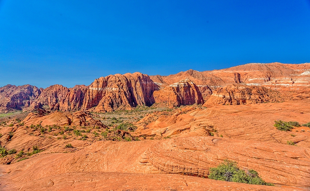 The Red Mountains rising behind the petrified sand dunes at Snow Canyon State Park, Southern Utah, United States of America, North America. Many famous films were made in the park which forms part of the Red Cliffs Desert Reserve.