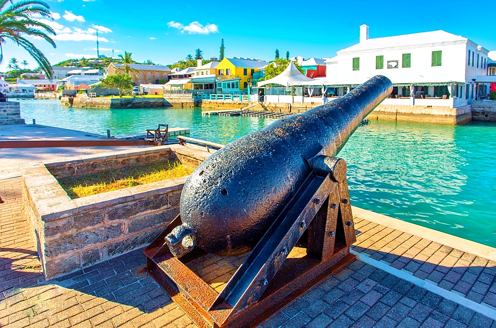 Historic cannon preserved on the waterfront at St. George, the original capital of Bermuda.