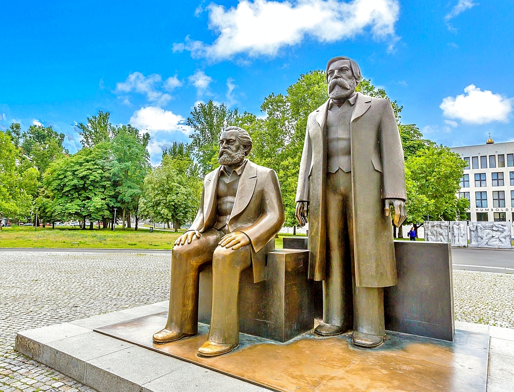 The bronze sculpture by Ludwig Engelhardt of Marx (left) and Engels in Marx - Engels Forum in central Berlin. The Forum, a park, was created by the former East German authorities in 1986.