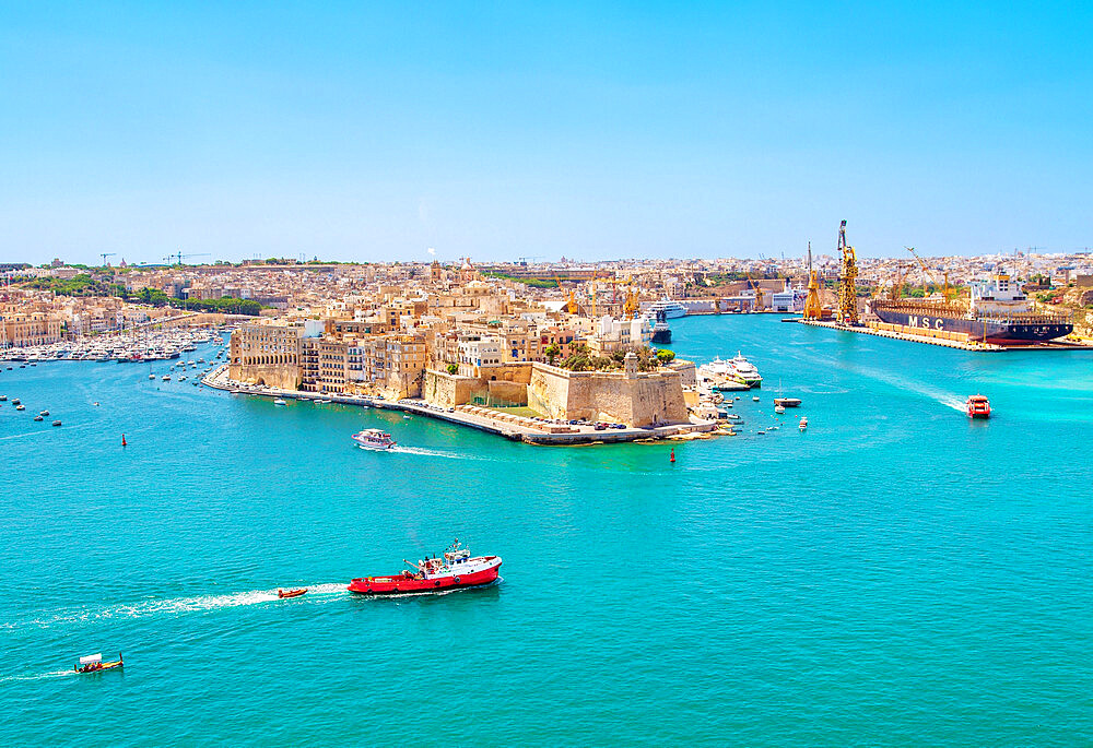 Shipping in Valetta's ancient Grand Harbour, Valletta, the Republic of Malta, Mediterranean, Europe