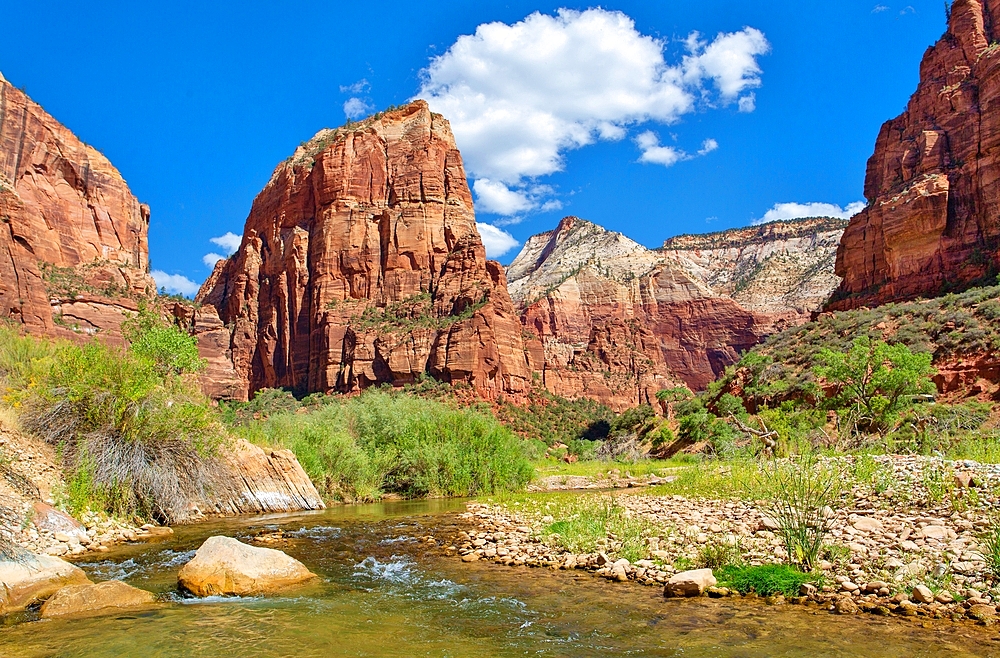 Angels Landing, a rock formation 1,488 feet high in Zion National Park, Utah, USA. A steep trail to the top was created in 1926 which allows spectacular views over the Park. It is believed that at least 18 people have died climbing the rock.