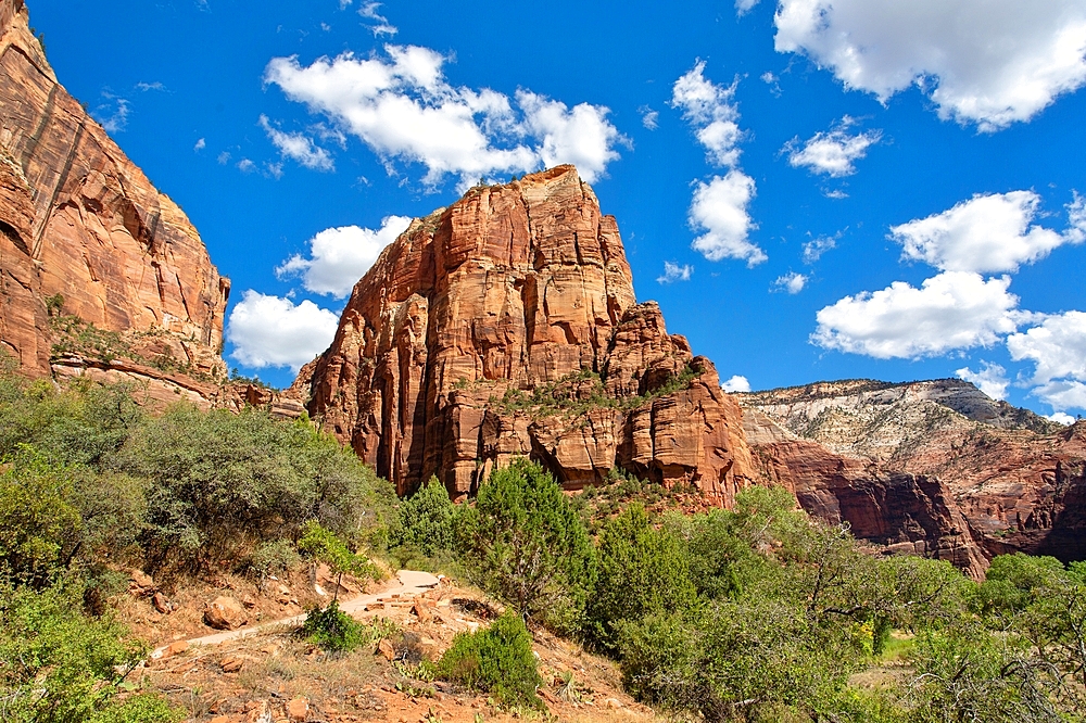 Angels Landing, a rock formation 1,488 feet high in Zion National Park, Utah, USA. A steep trail to the top was created in 1926 which allows spectacular views over the Park. It is believed that at least 18 people have died climbing the rock.