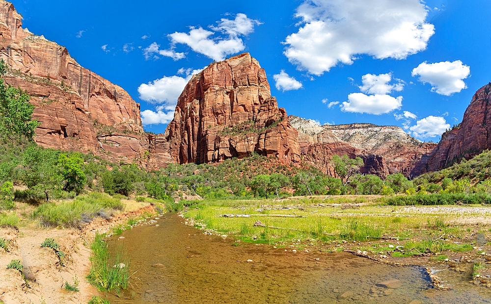 Angels Landing, a rock formation 1,488 feet high in Zion National Park, Utah, USA. A steep trail to the top was created in 1926 which allows spectacular views over the Park. It is believed that at least 18 people have died climbing the rock.