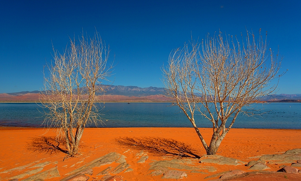 The reservoir at Sand Hollow State Park in Utah, USA, a popular venue for boating, cycling and off road driving. The park covers some 20,000 acres and opened in 2003.