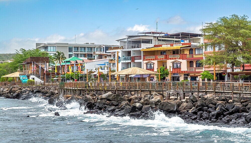 The waterfront at Puerto Baquerizo Moreno, San Cristobal Island, Galapagos, Ecuador. The capital of the San Cristobal Canton, the town is a centre for fishing and tourism with a large population of sea lions.