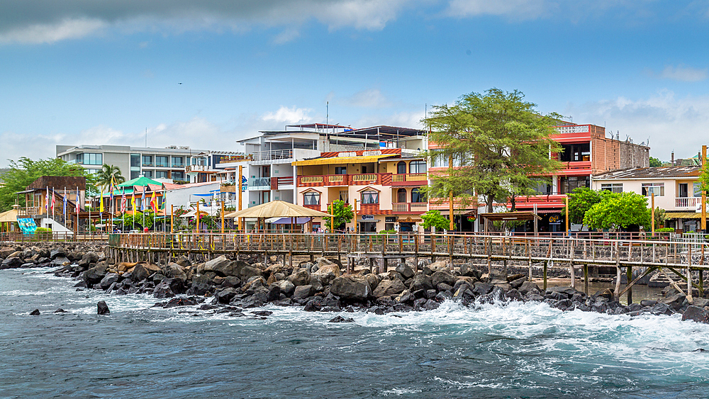 The waterfront at Puerto Baquerizo Moreno, San Cristobal Island, Galapagos, Ecuador. The capital of the San Cristobal Canton, the town is a centre for fishing and tourism with a large population of sea lions.