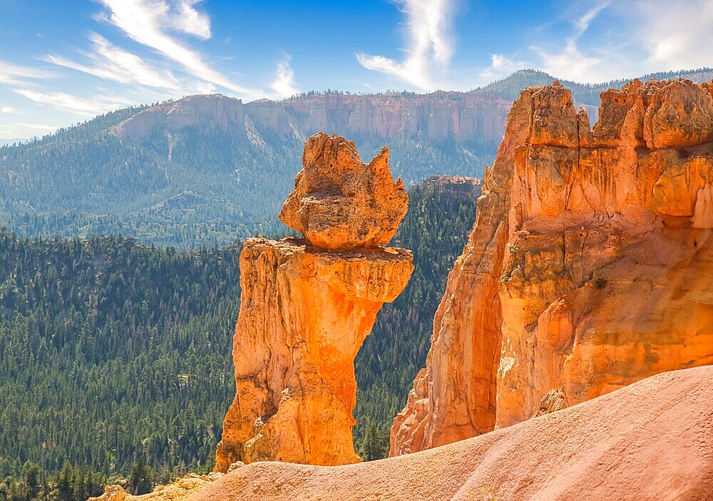 A sandstone hoodoo at Bryce Canyon National Park, Utah, USA. Hoodoos are pinnacles of rock shaped by the weather and erosion.