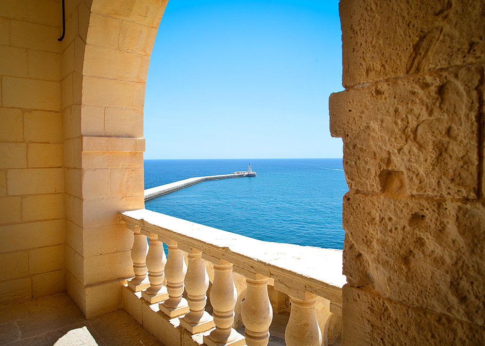 St Elmo's Breakwater at the mouth of the Grand Harbour, Valletta, Malta, seen from St Elmo's Fort.