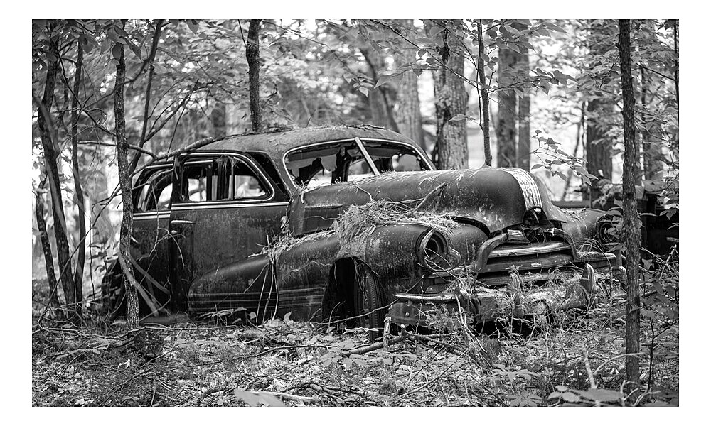 Remains of a 1947 Pontiac Torpedo Silver Streak car on Francis Island, Georgian Bay, Ontario, Canada. The island has no roads.