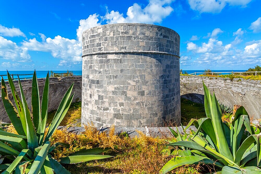 Martello Tower, with walls up to 11 feet thick and surrounded by dry moat, at Ferry Reach, built by the British Army in 1883 to protect the main channel into Bermuda, St. George's Island, Bermuda, Atlantic, North America
