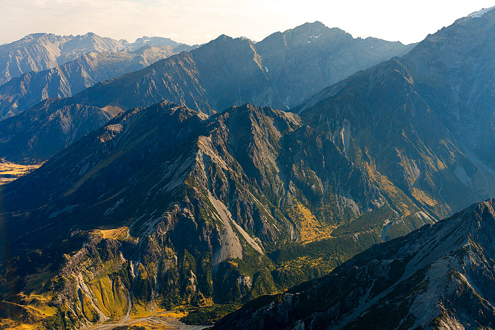 Aerial view of mountain ranges in Aoraki/Mount Cook National Park, UNESCO World Heritage Site, South Island, New Zealand, Pacific