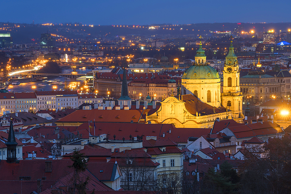 Illuminated St. Nicholas Church at night, Mala Strana, UNESCO World Heritage Site, Prague, Bohemia, Czech Republic (Czechia), Europe