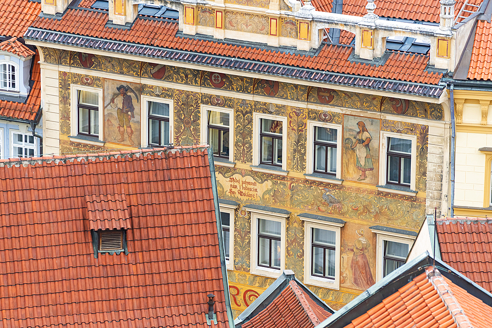 Detail of facades of houses near Old Town Square, Old Town, UNESCO World Heritage Site, Prague, Bohemia, Czech Republic (Czechia), Europe