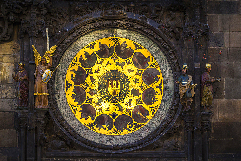 Detail of decorated circle and statues at Astronomical Clock at Old Town Square, UNESCO World Heritage Site, Old Town, Prague, Czechia, Europe