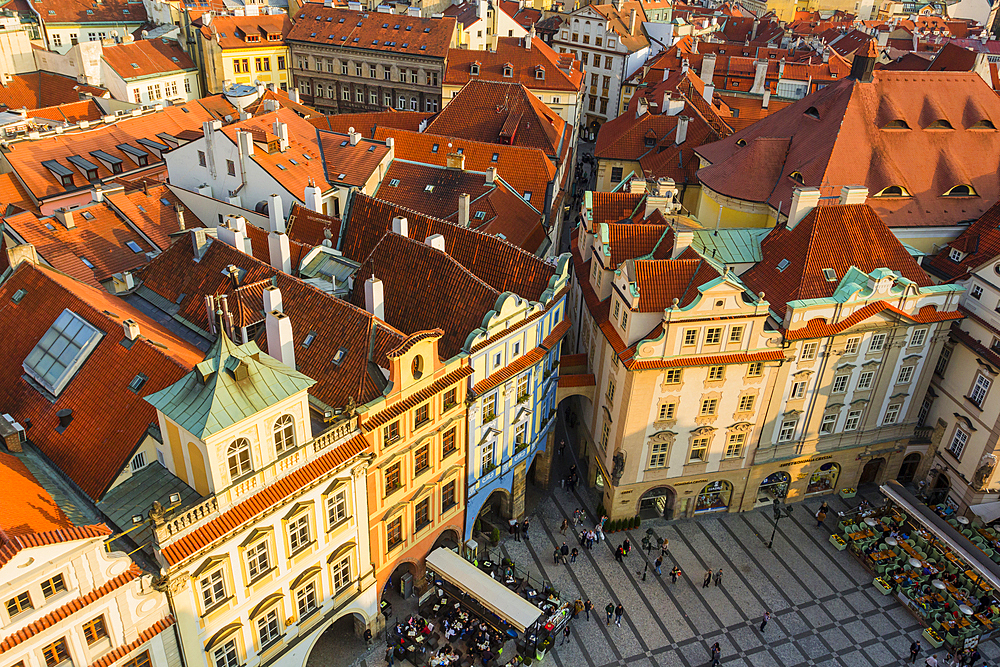 Elevated view of houses by Old Town City Hall on Old Town Square, UNESCO World Heritage Site, Prague, Czechia, Europe