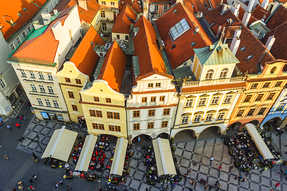 Elevated view of houses by Old Town City Hall at Old Town Square, UNESCO World Heritage Site, Prague, Czech Republic (Czechia), Europe