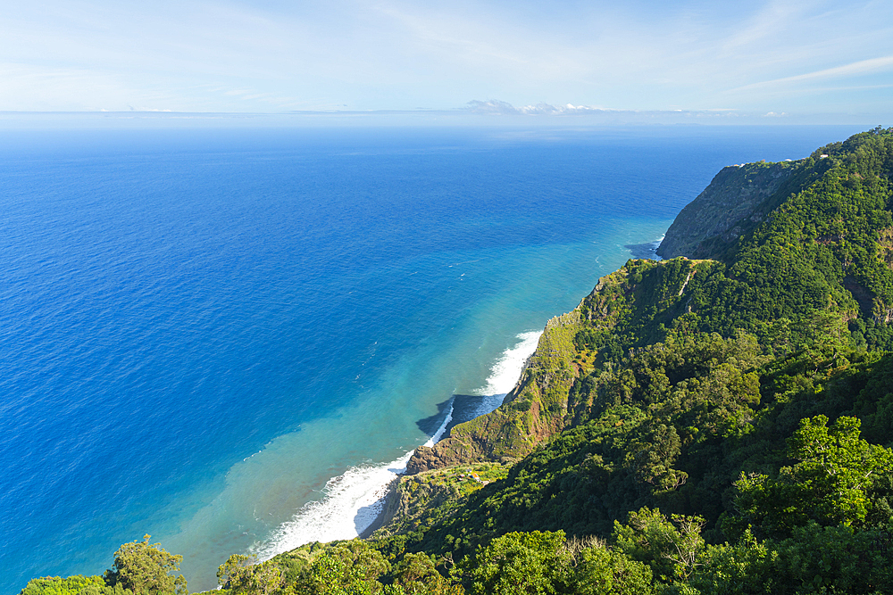 Elevated view of sea coast near Arco do Sao Jorge, Santana, Madeira, Portugal, Atlantic, Europe