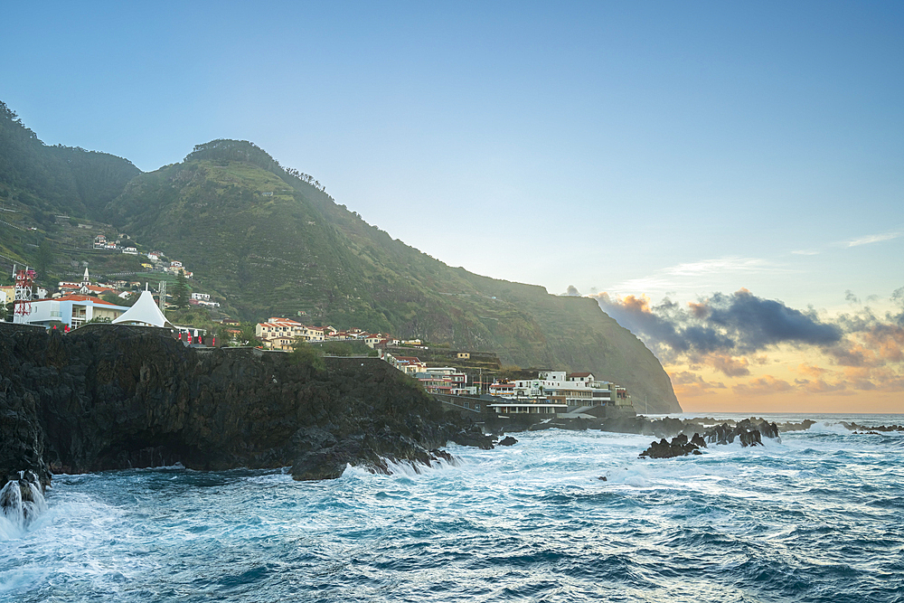 Volcanic coast of Porto Moniz at sunset, Madeira, Portugal, Atlantic, Europe