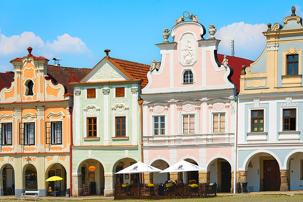 Iconic houses with arcades and high gables at Zacharias of Hradec Square, UNESCO, Telc, Vysocina Region, Czech Republic