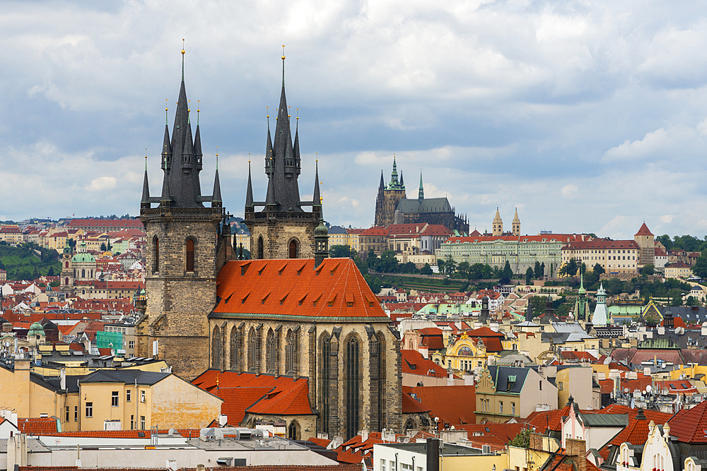 Church of Our Lady Before Tyn and Prague Castle as seen from Powder Tower, UNESCO World Heritage Site, Prague, Bohemia, Czech Republic (Czechia), Europe