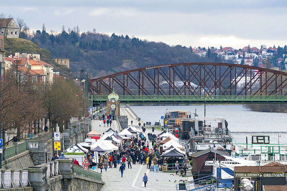 Farmers market on Vltava riverside near Palackeho namesti, Prague, Czech Republic (Czechia), Europe