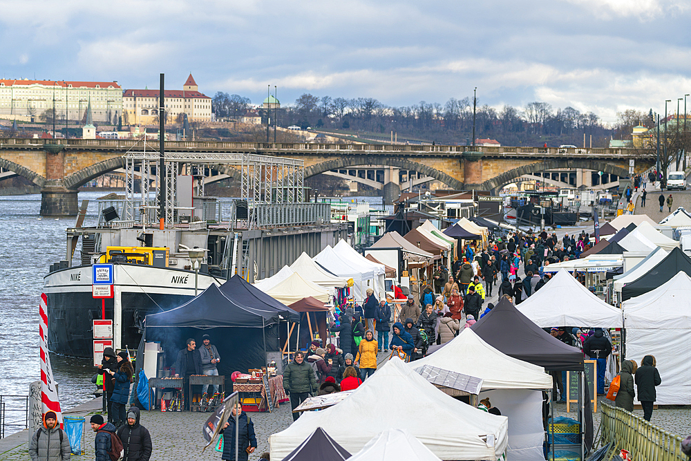 Farmers market on Vltava riverside near Palackeho namesti, Prague, Czech Republic (Czechia), Europe