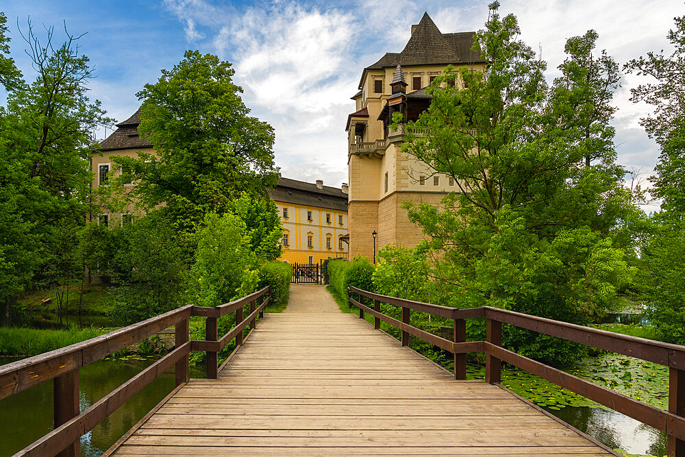 Wooden bridge leading to Blatna Castle, Blatna, Czech Republic