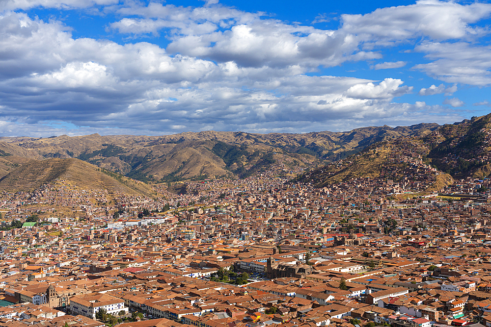 Elevated view of Cusco (Cuzco) city, Cusco Province, Cusco Region, Peru, South America