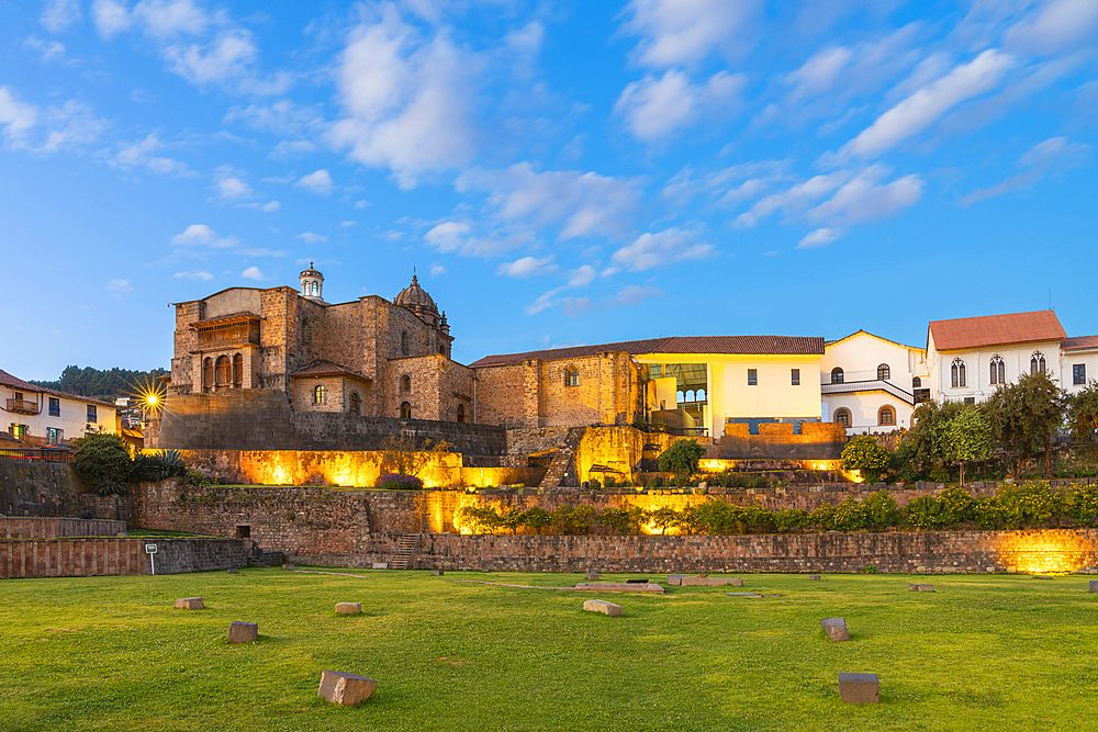 Coricancha and Santo Domingo Convent at twilight, UNESCO World Heritage Site, Cusco (Cuzco), Cusco Province, Cusco Region, Peru, South America