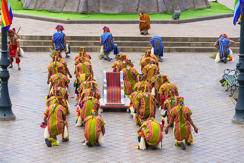 Performers during Inti Raymi Festival of the Sun, Plaza de Armas square, UNESCO World Heritage Site, Cusco (Cuzco), Cusco Province, Cusco Region, Peru, South America