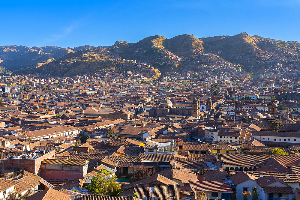 Elevated view of Cusco (Cuzco) Cathedral and Church of the Society of Jesus, UNESCO, Cusco (Cuzco), Cusco Province, Cusco Region, Peru, South America