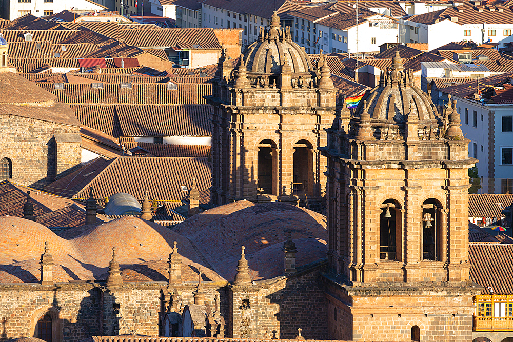 Elevated view of bell towers of Cusco (Cuzco) Cathedral, UNESCO World Heritage Site, Cusco (Cuzco), Cusco Province, Cusco Region, Peru, South America