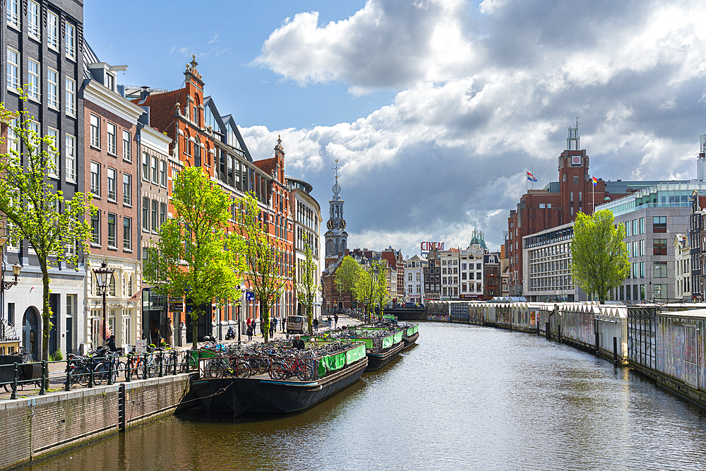 Singel canal with Munttoren tower in the background, Amsterdam, The Netherlands, Europe