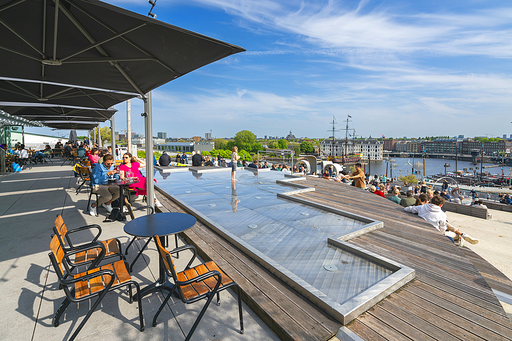 People on terrace on top of NEMO Science Museum, Amsterdam, The Netherlands