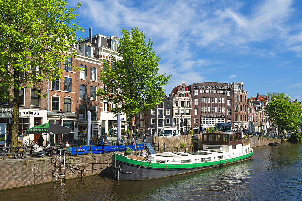 Moored boat on Prinsengracht canal, Amsterdam, The Netherlands, Europe