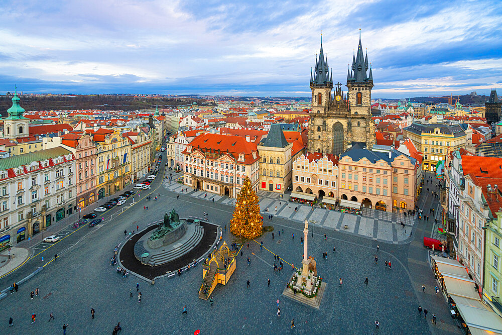 Christmas tree at Old Town Square with Church of Our Lady before Tyn, UNESCO, Prague, Bohemia, Czech Republic