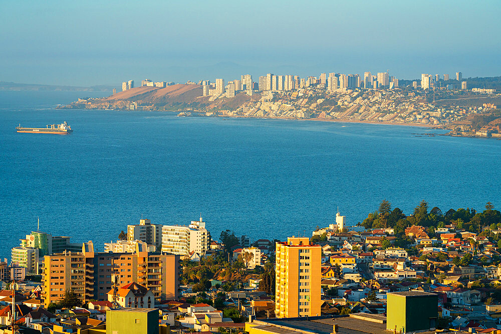 Elevated view of Vina del Mar coastal city seen from Mirador Pablo Neruda, Vina del Mar, Chile