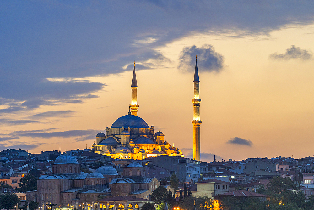 Fatih Mosque and Zeyrek Mosque against sky at twilight, UNESCO World Heritage Site, Fatih District, Istanbul Province, Turkey, Europe