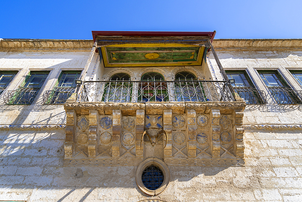 Hanging balcony on facade of Old Greek House hotel and restaurant, Mustafapasa, Urgup District, Nevsehir Province, Cappadocia, Central Anatolia Region, Anatolia, Turkey, Asia Minor, Asia