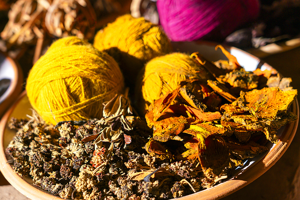 Balls of wool with bark and herbs as natural dye, Chinchero, Sacred Valley, Peru