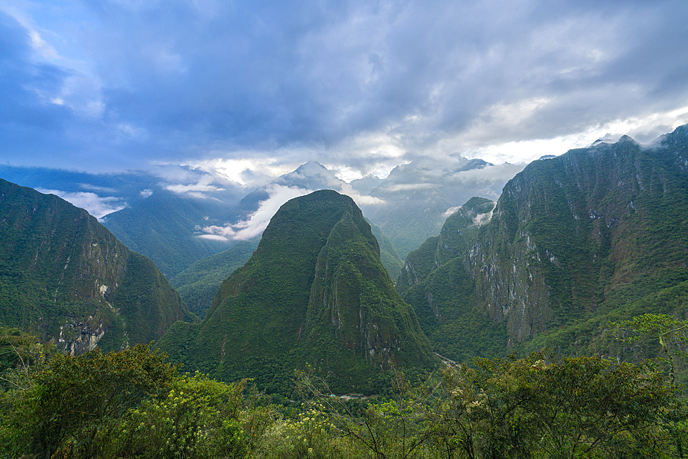 Phutuq K'usi (Putucusi) mountain by Urubamba River seen from the trail to Machu Picchu, Sacred Valley, Peru, South America