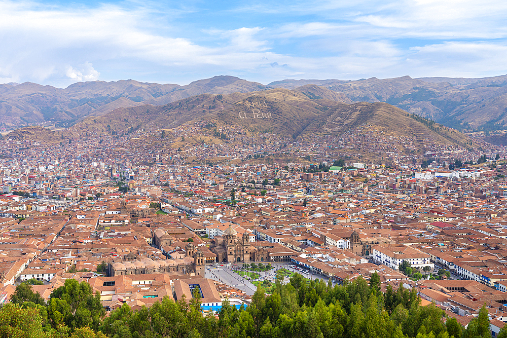 Elevated view of Plaza de Armas, Cusco, UNESCO World Heritage Site, Cusco Region, Peru, South America