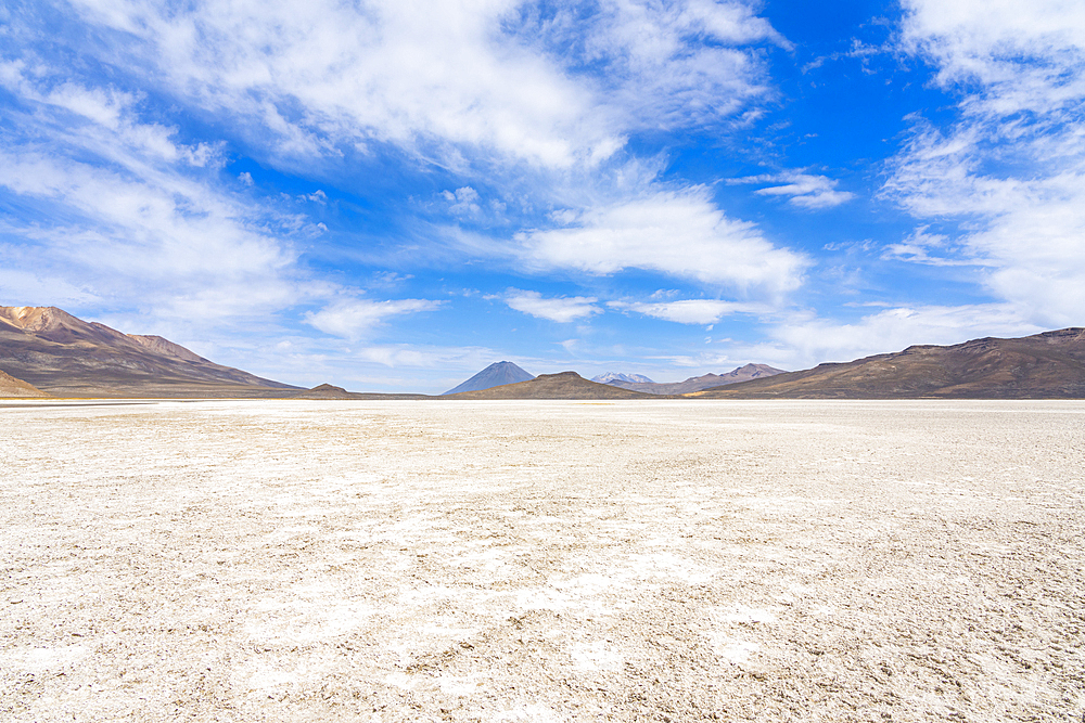 El Misti and Chachani volcanoes seen from salt flats of Salinas y Aguada Blanca National Reserve, Arequipa Region, Peru