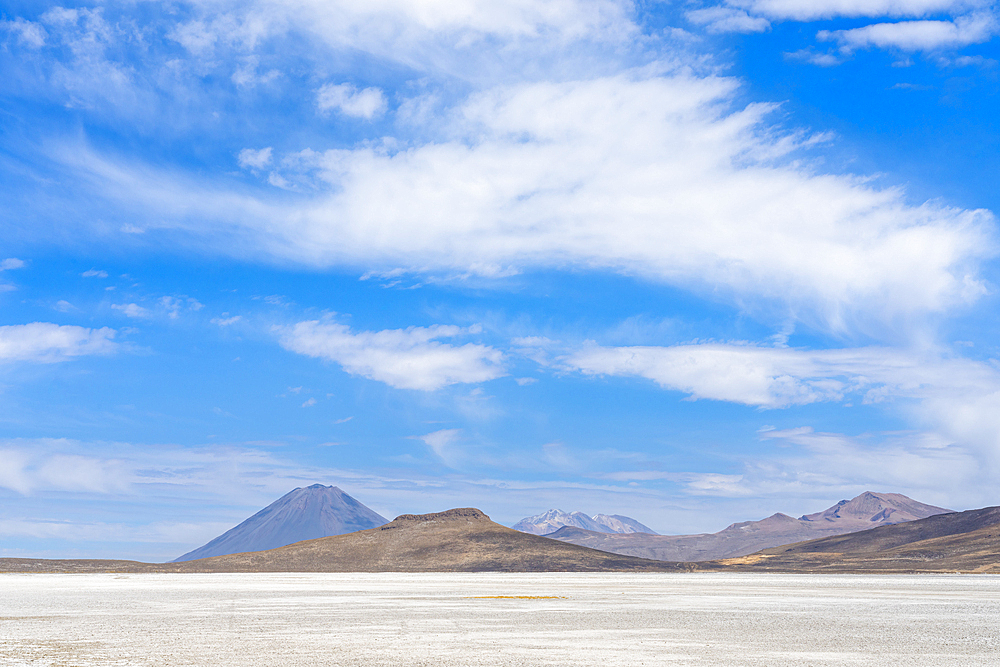 El Misti and Chachani volcanoes seen from salt flats of Salinas y Aguada Blanca National Reserve, Arequipa Region, Peru