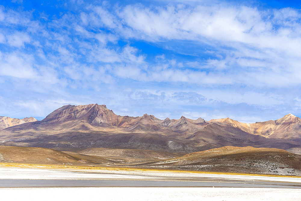 Pichu Pichu volcano (AKA Picchu Picchu) seen from salt flats of Salinas y Aguada Blanca National Reserve, Arequipa Region, Peru