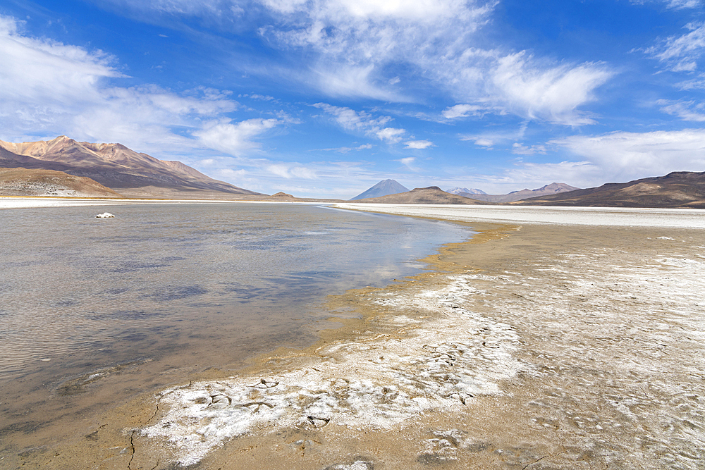 El Misti and Chachani volcanoes seen from salt flats of Salinas y Aguada Blanca National Reserve, Arequipa Region, Peru