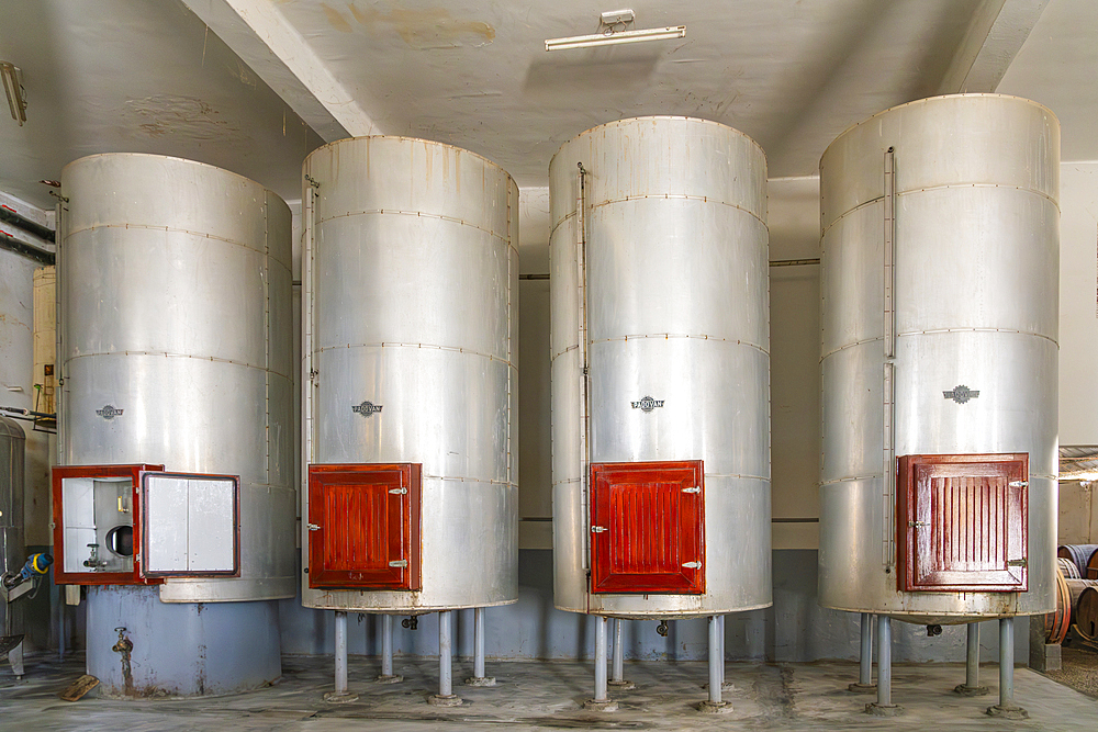 Stainless steel wine fermentation tanks, Vista Alegre Winery, Ica, Peru, South America