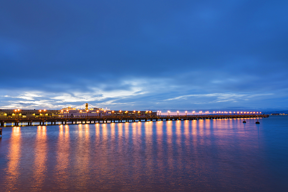 Illuminated Pier 7 at night, San Francisco, California, United States of America, North America